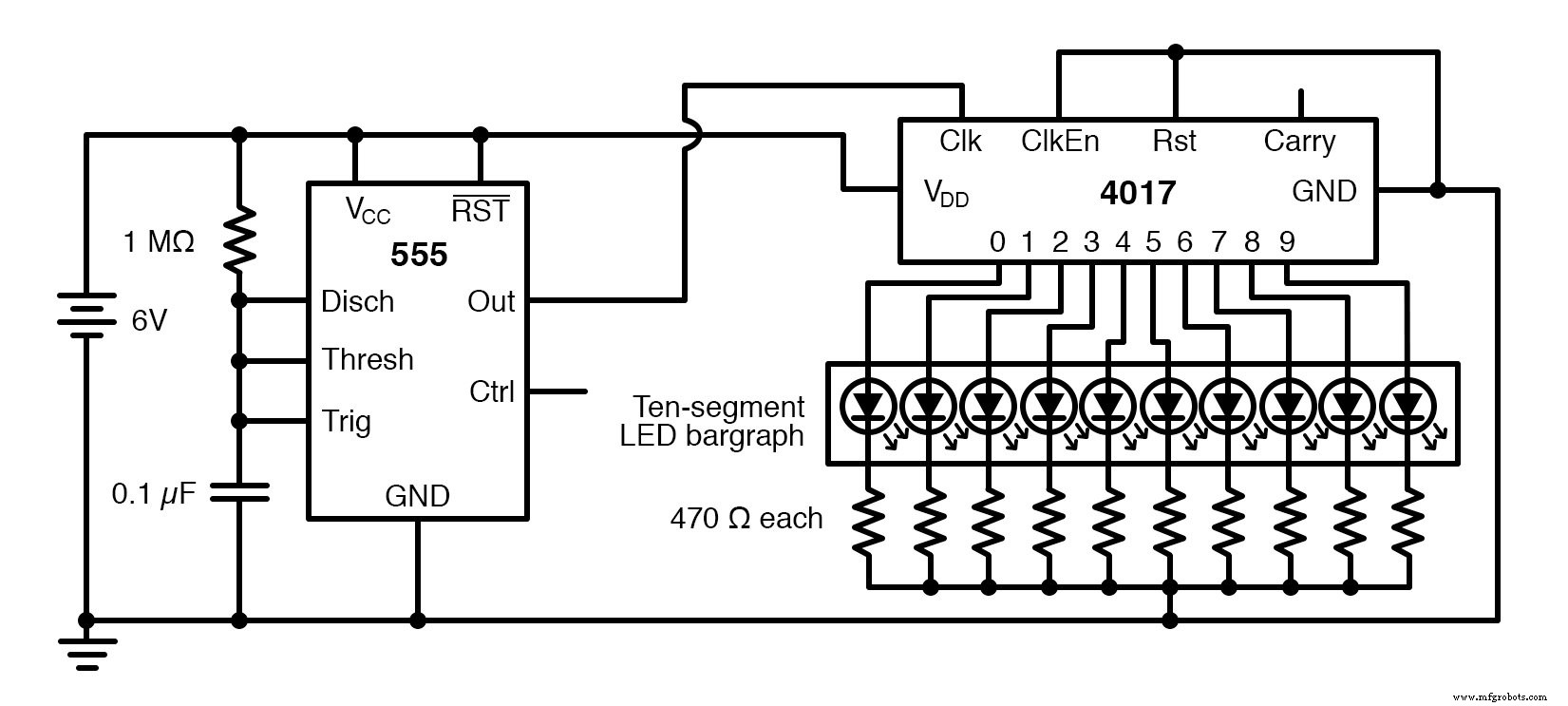 Build an LED Sequencer with 555 Timer & 4017 Counter – Frequency Division & Debounce