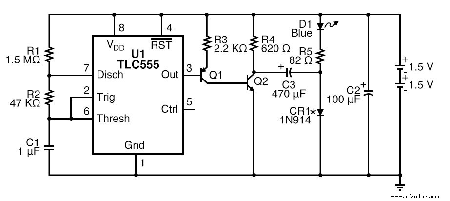 CMOS 555 Long‑Duration Blue LED Flasher – Practical 555 Astable Circuit Tutorial