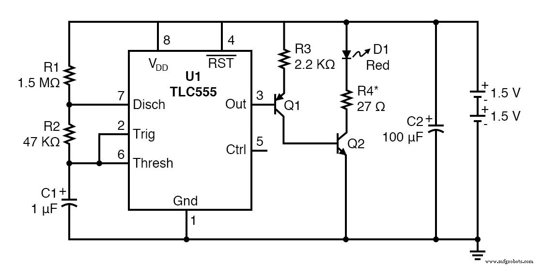 CMOS 555 Long‑Duration Red LED Flasher – Precision Driver Circuit for Reliable Performance