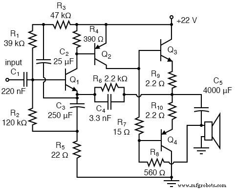 Complementary NPN/PNP Audio Amplifier Circuit – Direct Coupling for Moderate Power