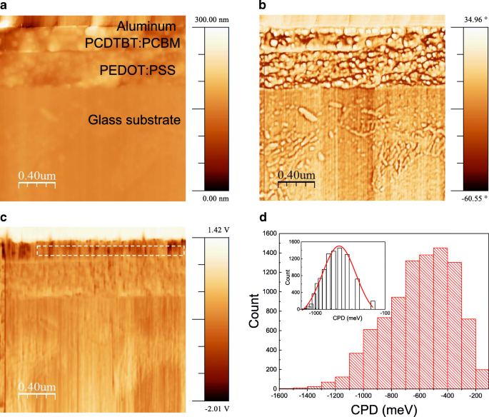 Cross‑Sectional KPFM Reveals Potential Dip and Schottky Barrier in Thick PCDTBT:PCBM Bulk Heterojunction Solar Cells