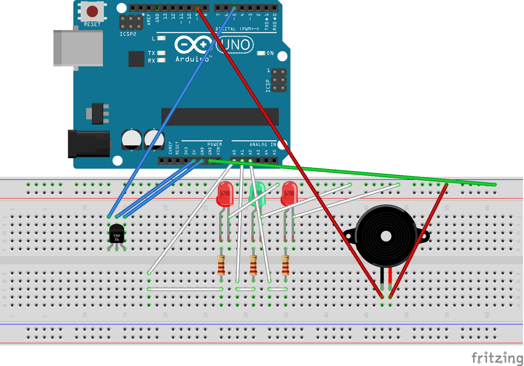 DHT11 Temperature & Humidity Sensor Project with LED Indicators and Piezo Speaker