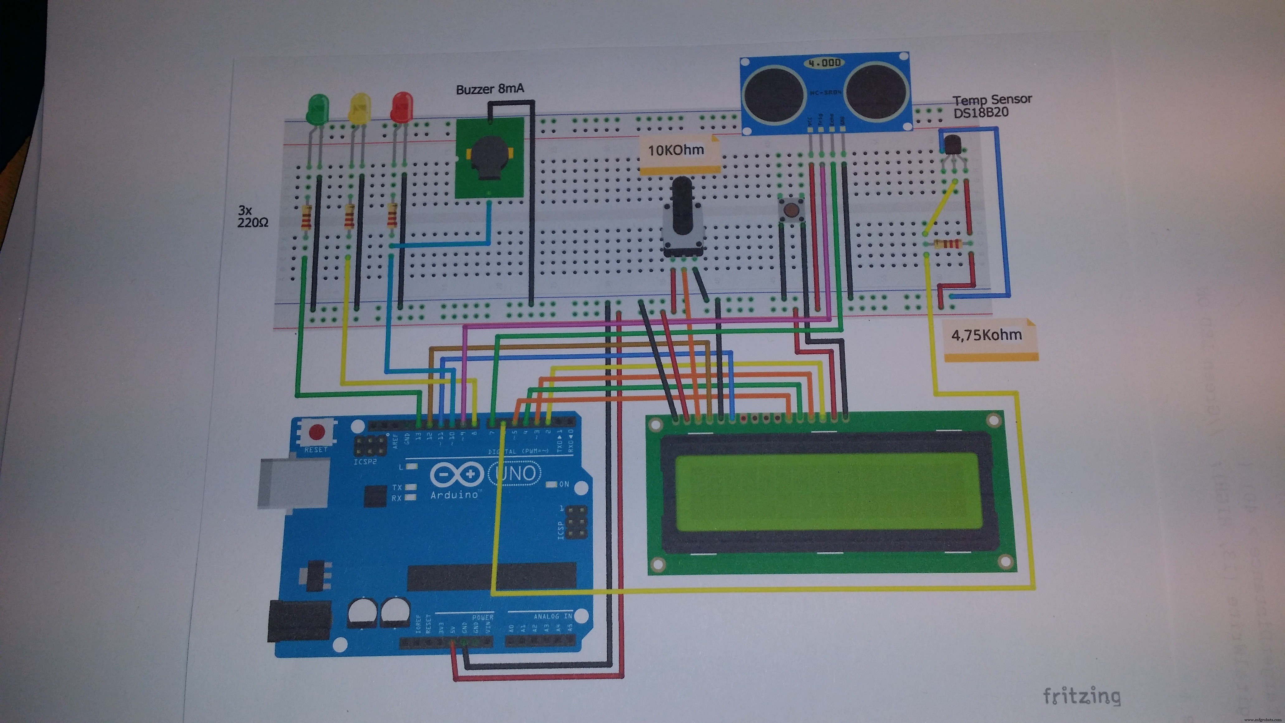 Arduino Ultrasonic Distance & Temperature Monitor with LCD Alarm System