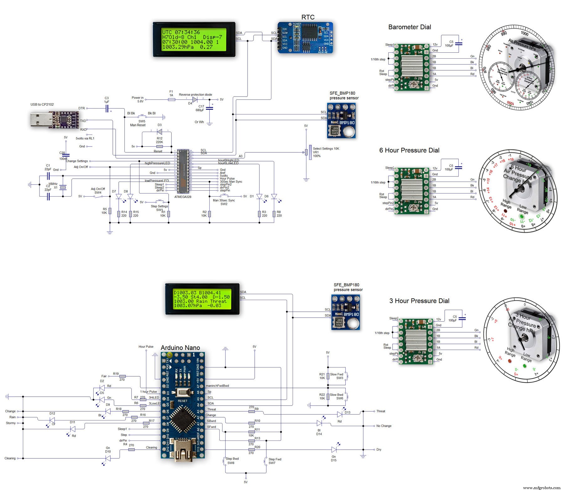 Precision Air Pressure Monitor: Arduino UNO & Nano Barometer with Dual Dials
