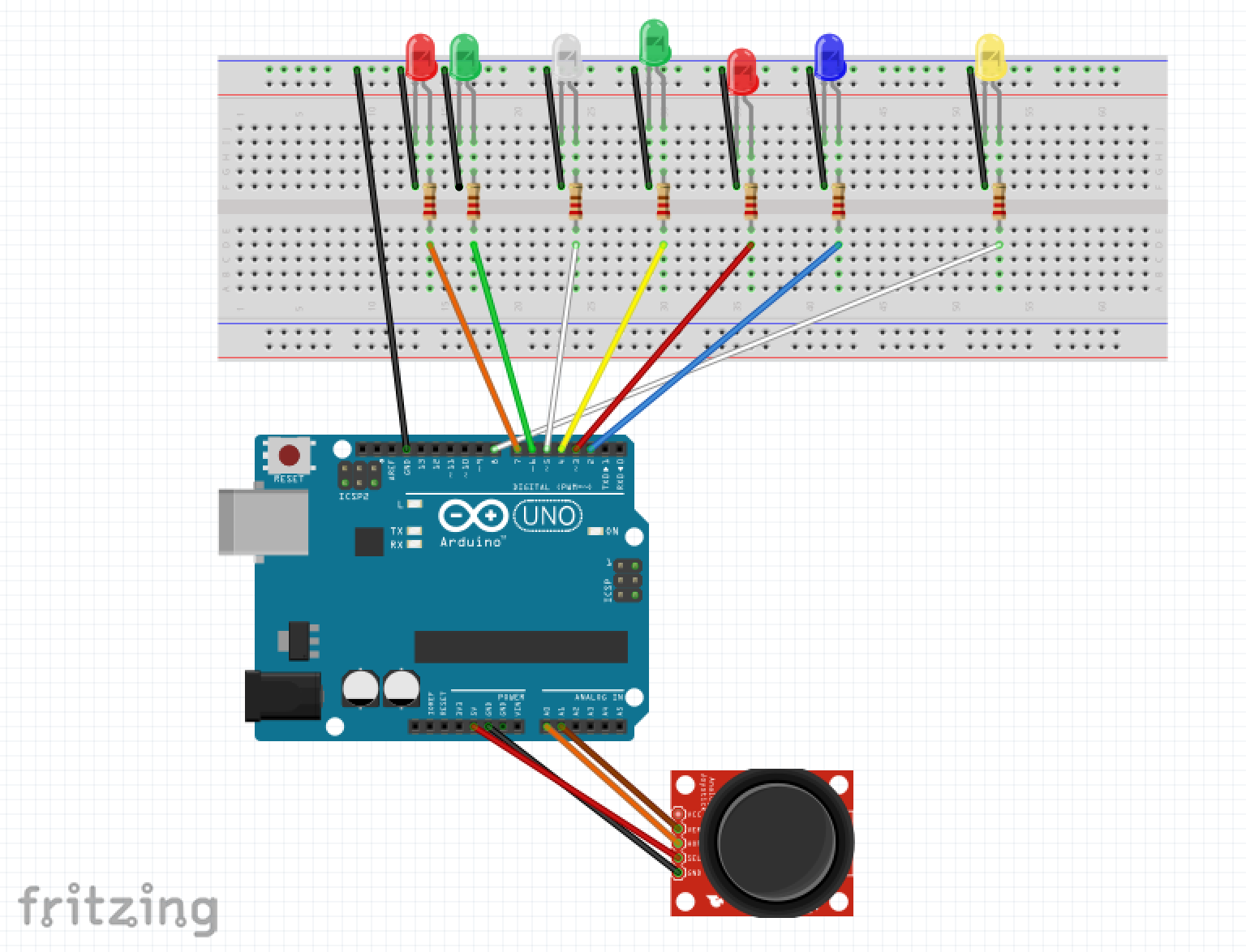 LED Whack‑a‑Mole Game with Arduino Uno – Interactive LED and Joystick Project