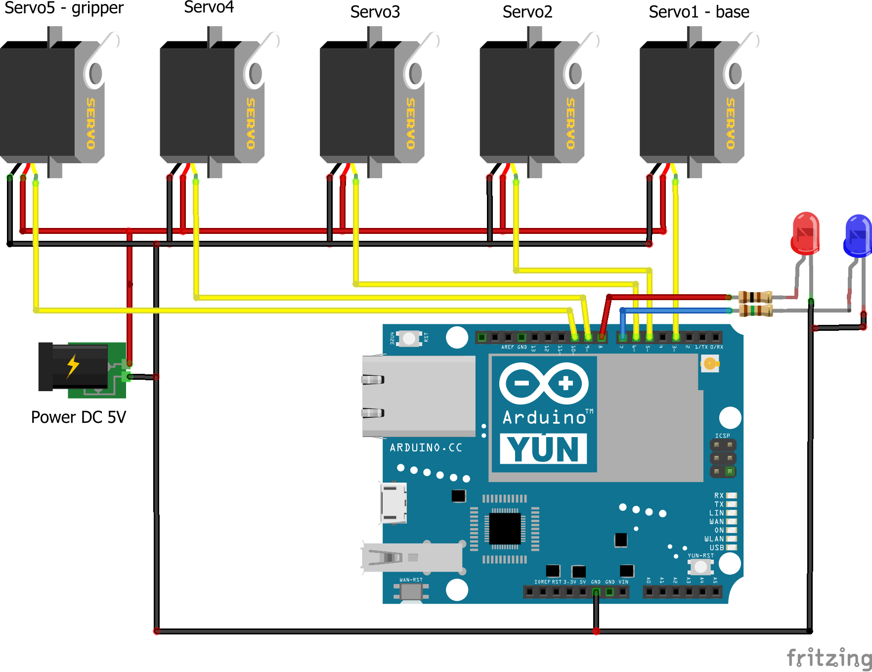 Arduino Yun IoT-Enabled 5-DOF Robotic Arm with Blynk Control