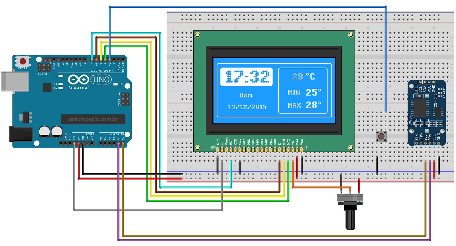 128x64 LCD Smart Clock with Analog/Digital Time & Temperature – Arduino Nano + DS3231 RTC