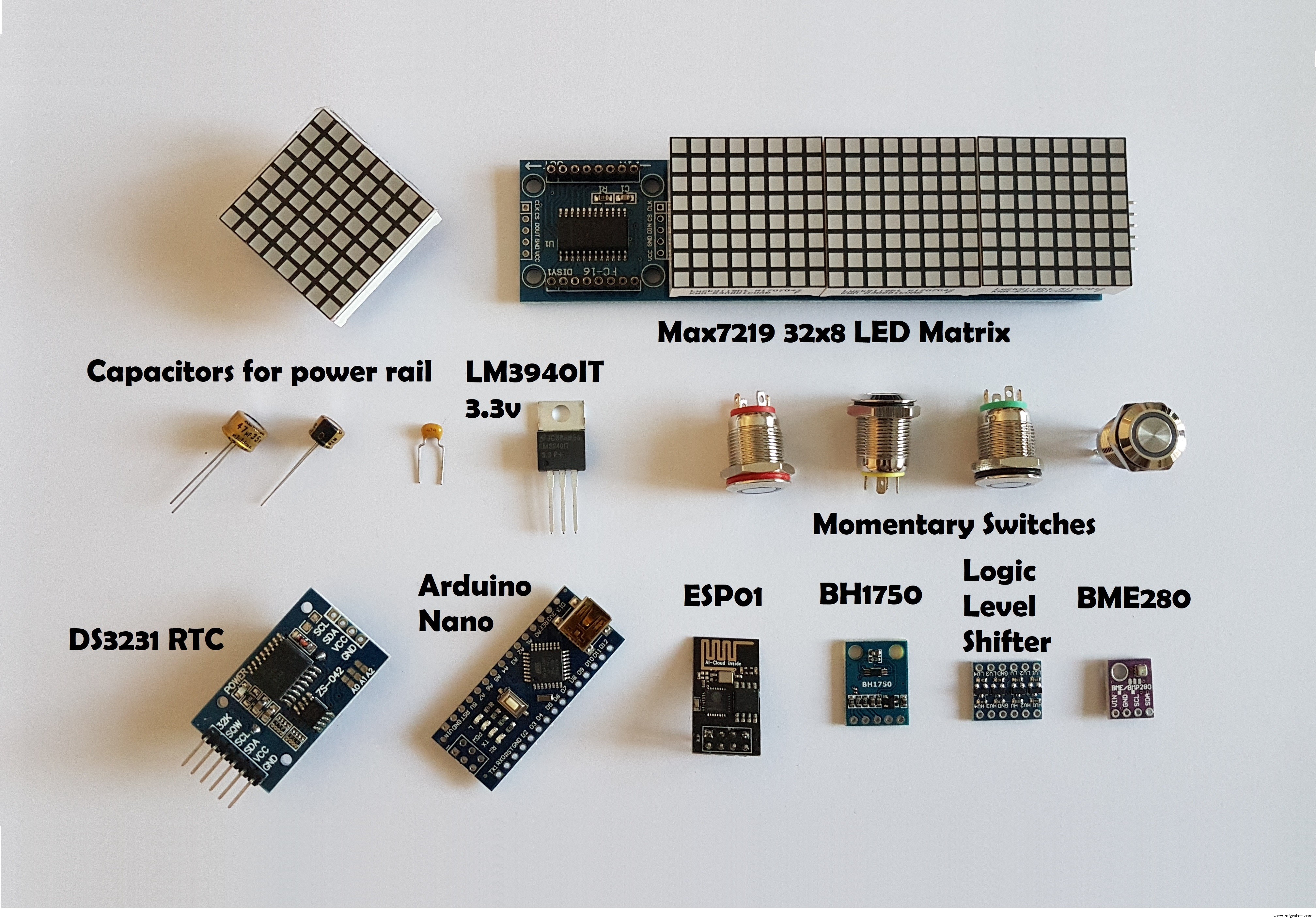 High-Precision LED Matrix Clock with DS3231 RTC, BME280 Weather, BH1750 Light Sensor & ESP01 NTP Connectivity