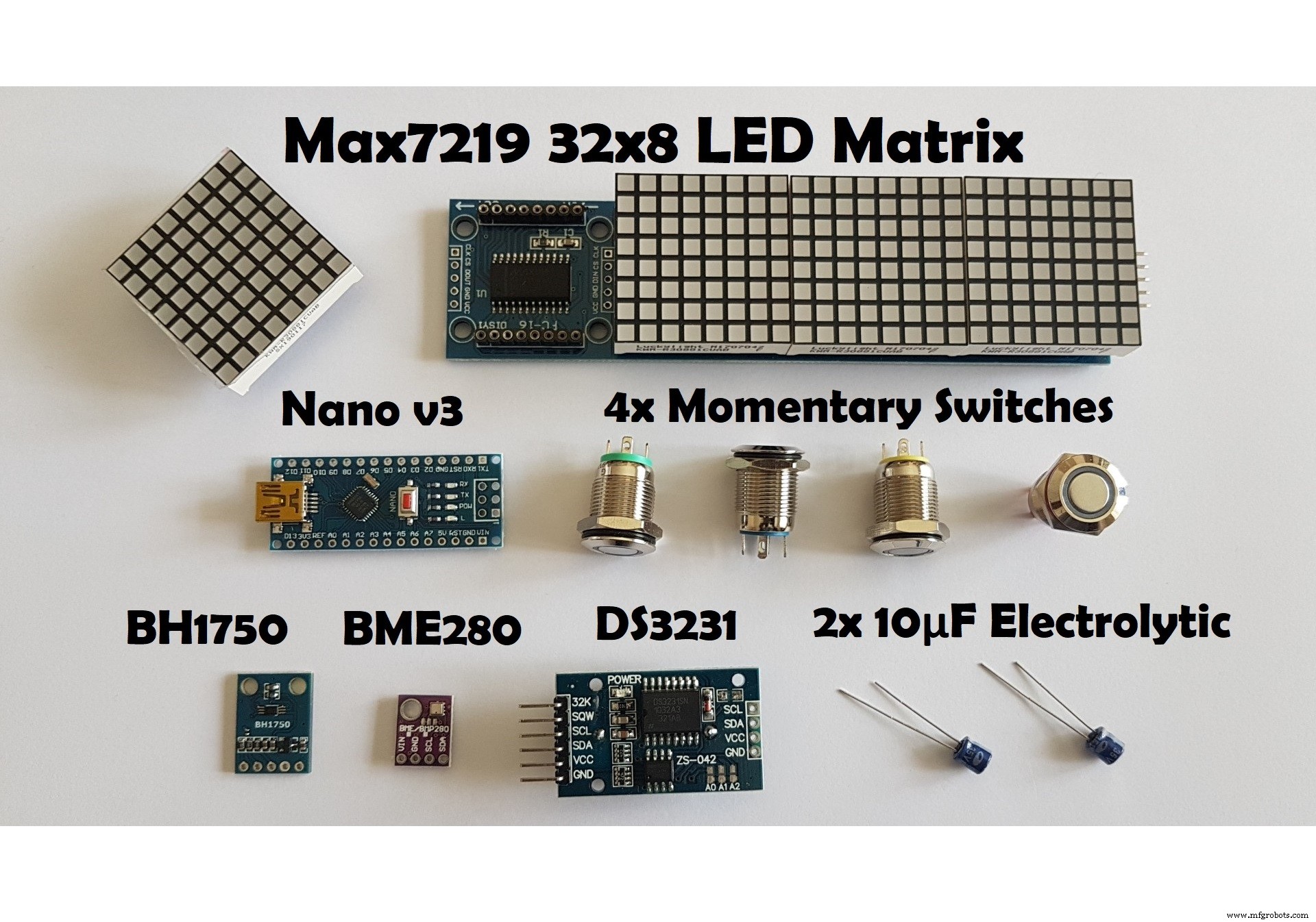 High-Precision LED Matrix Clock with DS3231 RTC, BME280 Weather, BH1750 Light Sensor & ESP01 NTP Connectivity