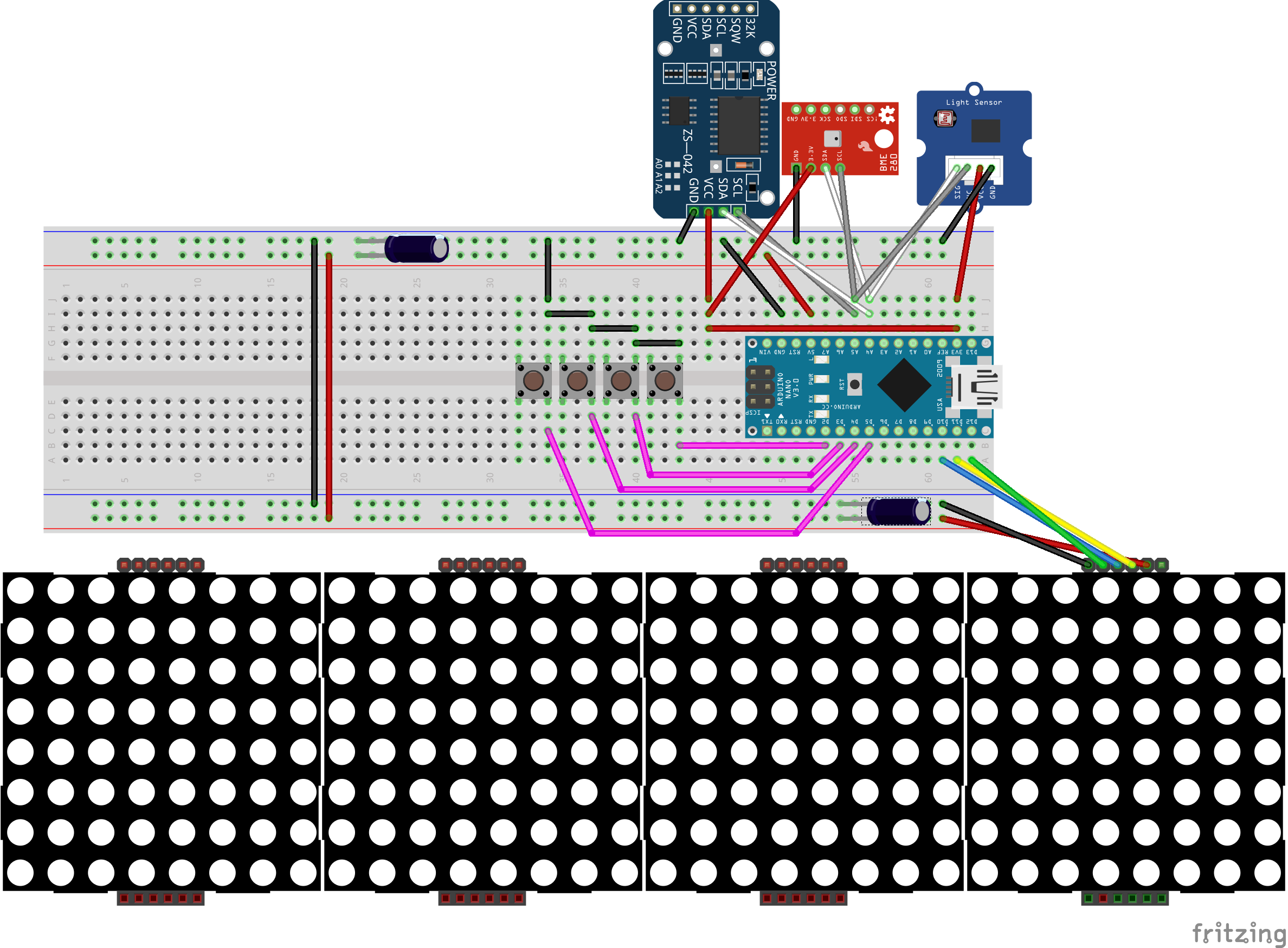 High-Precision LED Matrix Clock with DS3231 RTC, BME280 Weather, BH1750 Light Sensor & ESP01 NTP Connectivity