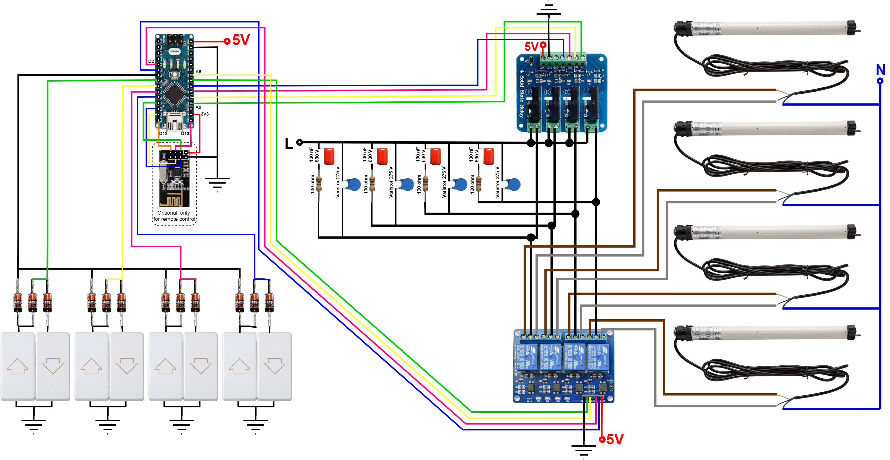 Arduino Nano + 4‑Channel Relay: Control Blinds & AC Motors