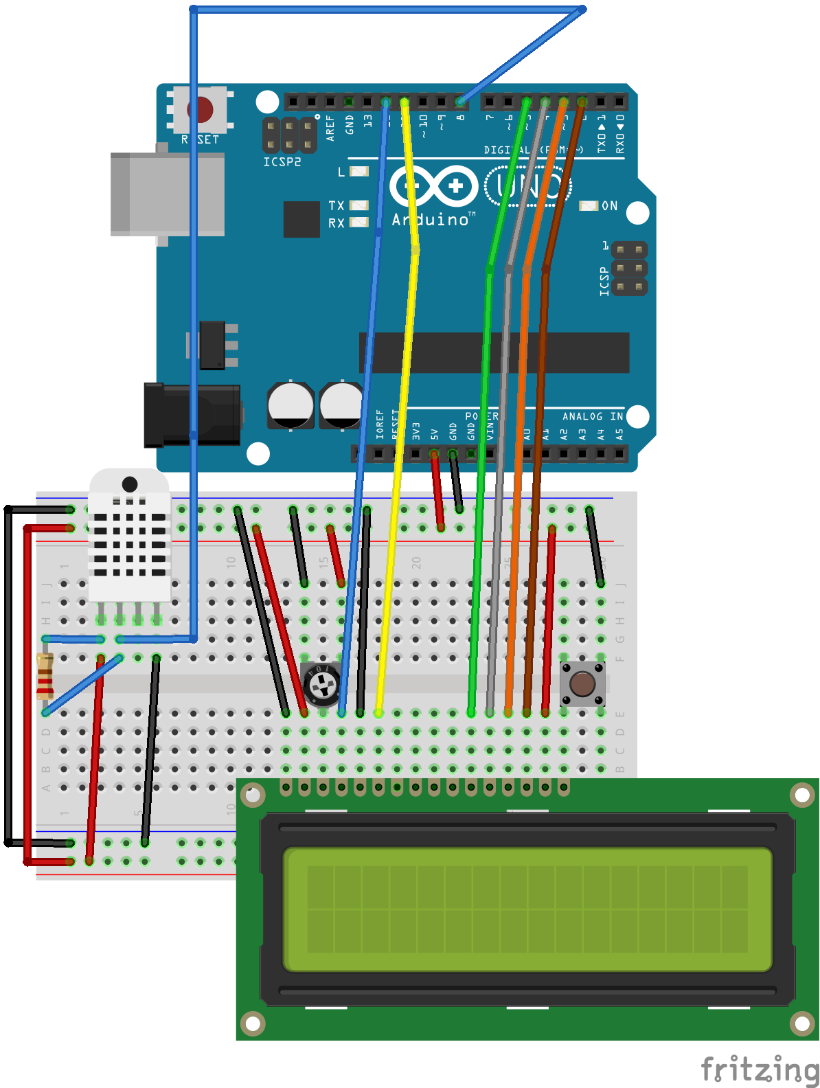 Portable Arduino-Based Temperature & Humidity Monitor with 16x2 LCD Display