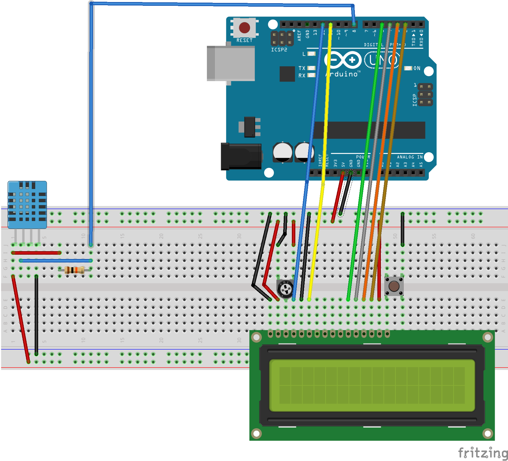 Portable Arduino-Based Temperature & Humidity Monitor with 16x2 LCD Display