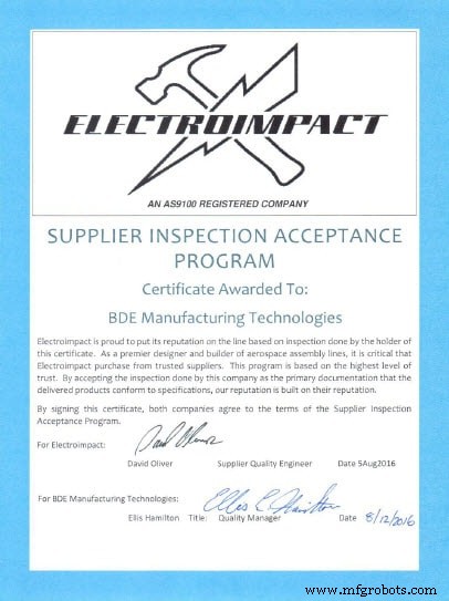 BDE Inc. Earns Electroimpact Preferred Supplier Certification, Elevating Quality Standards
