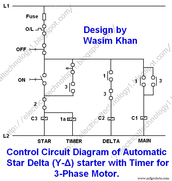 Automatic Star-Delta Starter with Timer: 3-Phase AC Motor Power, Control & Wiring Diagram