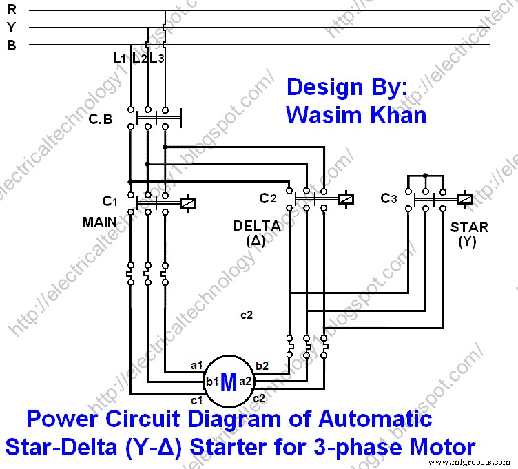 Automatic Star-Delta Starter with Timer: 3-Phase AC Motor Power, Control & Wiring Diagram