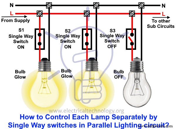 Control Individual Lamps with Independent Switches in a Parallel Lighting Circuit