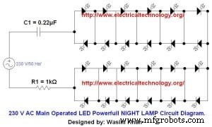 Professional LED Night Lamp Circuit Diagram – 230 V/50 Hz or 110 V/60 Hz Main‑Operated Design