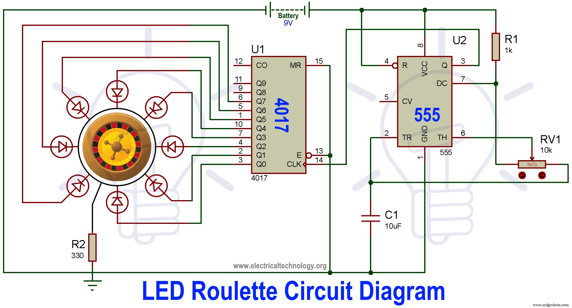 LED Roulette Circuit Using 555 Timer & CD4017 Counter – Full Diagram & Build Guide